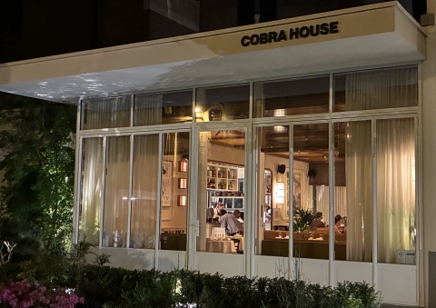 De transparante stalen vouwwand van Lootens verbindt het interieur van Cobra House in Antwerpen met de tuin. Nachtzicht vanuit de tuin toont de lichtinval via de bovenlichten en het open karakter van de wand.